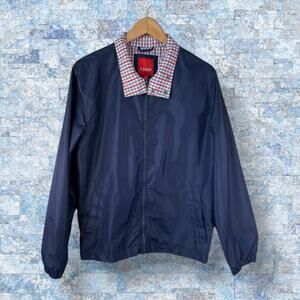 IZOD Mens Full Zip Jacket Windbreaker Nylon Plaid Blue Small Golf Lightweight